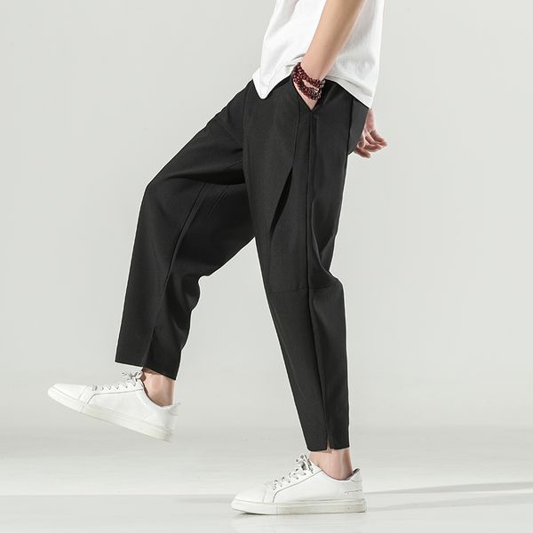

men's pants cotton linen wide oversize plicated harem streetwear male spring summer casual clothing 230303, Black
