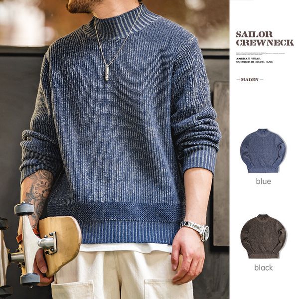 

men's sweaters maden double yarn retro sailor crewneck sweater variegated design mens basic thicken pullover winter autumn wears mock n, White;black