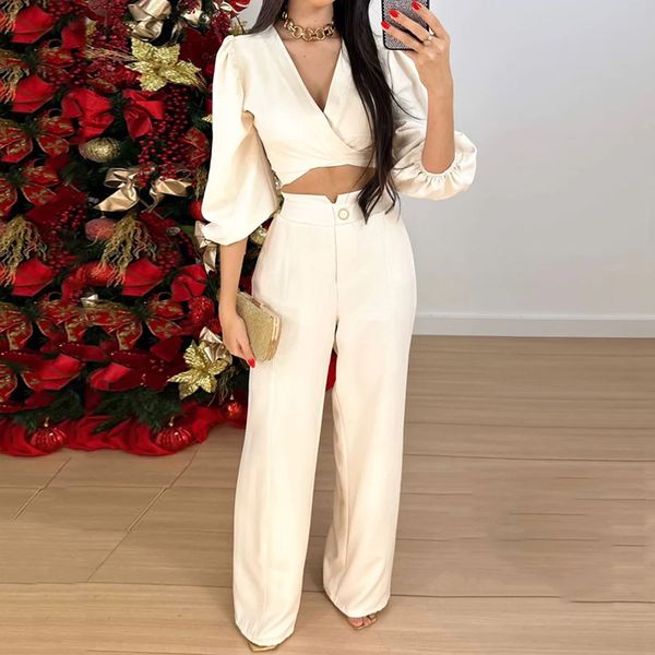 

womens two piece pants vneck long sleeve blouse and wide leg pant outfits elegant hight waist button suits women casual loose solid set 2303, White