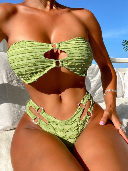 

bandeau womens swimsuit 2023 female swimwear high waist bikini ribbed swimming suits beachwear brazilian biquini bather