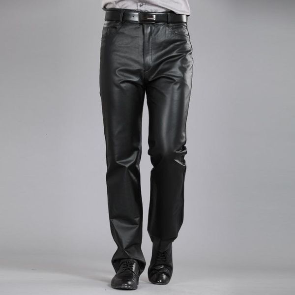 

men's pants leather autumn winter men large size straight sheepskin zipper fly regular full length 7xl 230303, Black