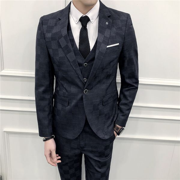 

men's suits blazers blazervestpantsfashion plaid men's casual boutique wedding groom man suit formal business three-piece suit men, White;black