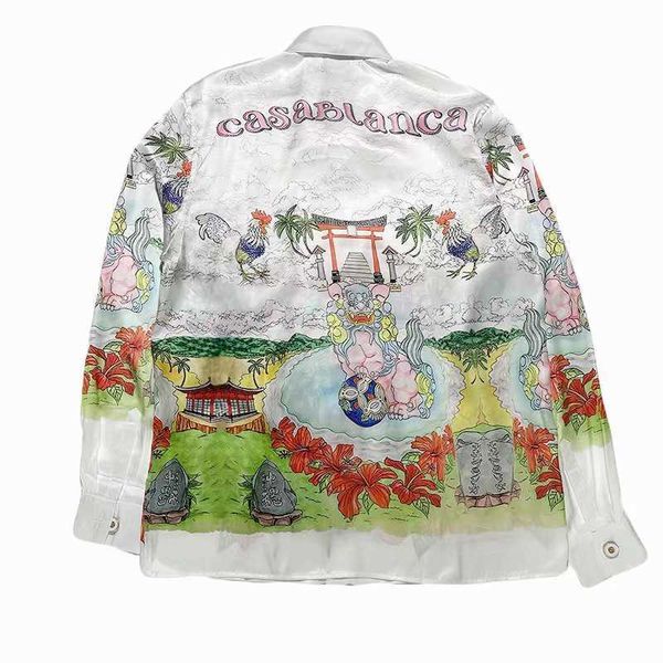 

casablanca silk casual shirt men and women flower coconut tree stone lion japanese queen maid long-sleeved shirt, White;black