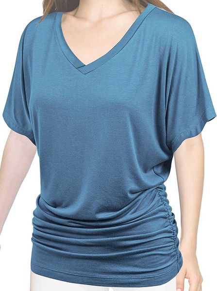 

women's clothes women cotton blouse t-shirt solid short sleeve v-neck with side shirring plusn5fv, White