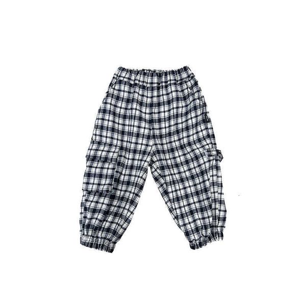 

2023 chil1en's checked overalls boys' double pockets casual pants boys' spring pants, Blue