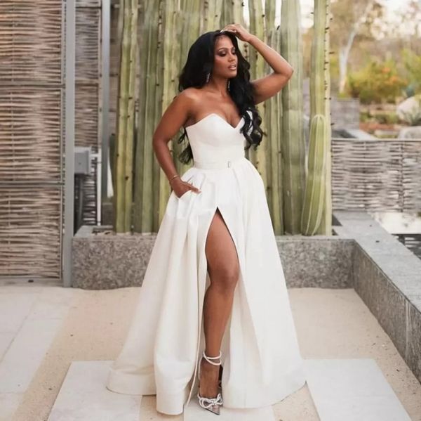 

2023 white split evening dress elegant a-line african strapless satin formal prom gowns birthday wear abendkleider robe de soiree, Black;red
