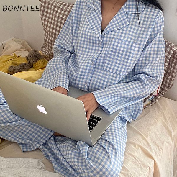 

women's sleepwear pajama sets women spring female sleepwear plaid harajuku fashion all-match chic retro loose sweet preppy simple ins 2, Black;red