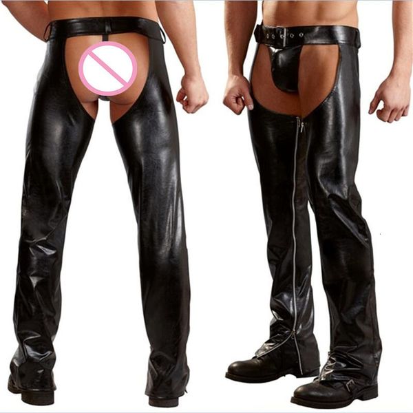 

men's pants cowboy chaps with thongs leather sleeves backless chap for moto cool outfits stripper wear 230303, Black