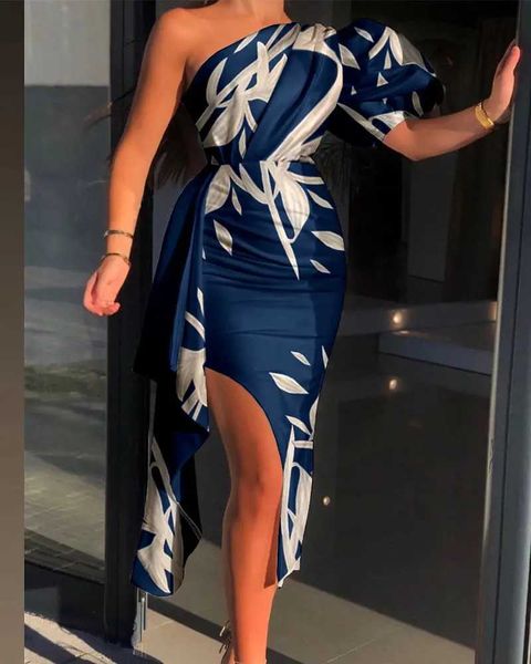 

casual dresses summer women 2022 plants print one shoulder puff sleeve slit dress all over print irregular plain grace fashion t230303, Black;gray