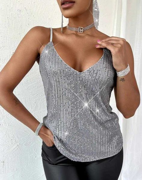 

women's tanks camis summer women's tank sparkling allover sequin v-neck cami plain casual new fashion women's clothing femal, White
