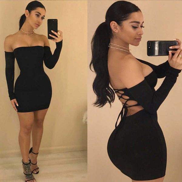 

casual dresses autumn long sleeve dress robe up club bodycon mini dresses vestido clothing dropshipping women's off shoulder backless l, Black;gray
