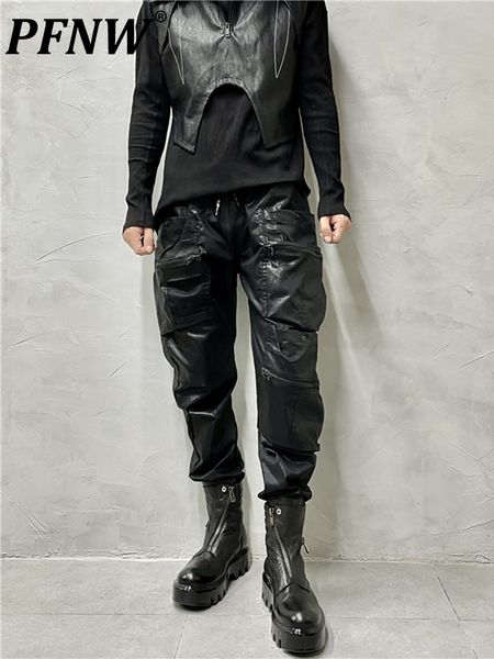 

men's pants pfnw dark retro waxed dyed pockets spliced personalized leather cargo trend functional workwear fashion 12a5756 230303, Black