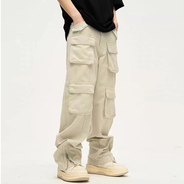 

high street multi-pockets men's cargo pants spring casual overalls hip hop oversized trousers, Black;brown