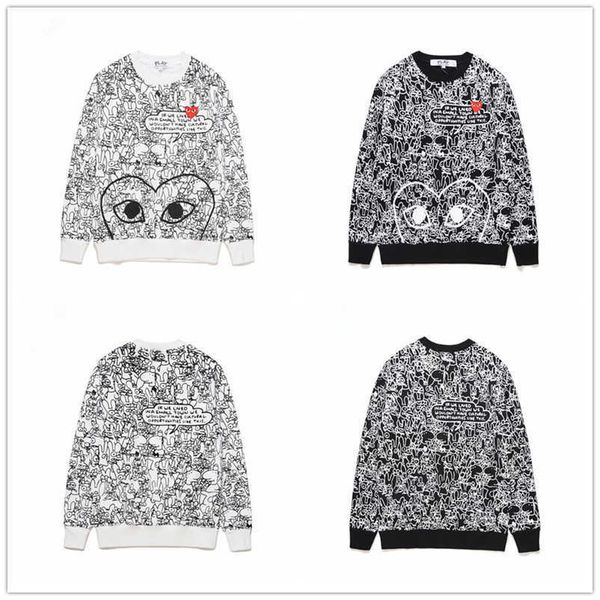 

heyplay trendy peach heart bottoming shirt long sleeve round neck pullover plush sweater full of graffiti lovers, Black;white