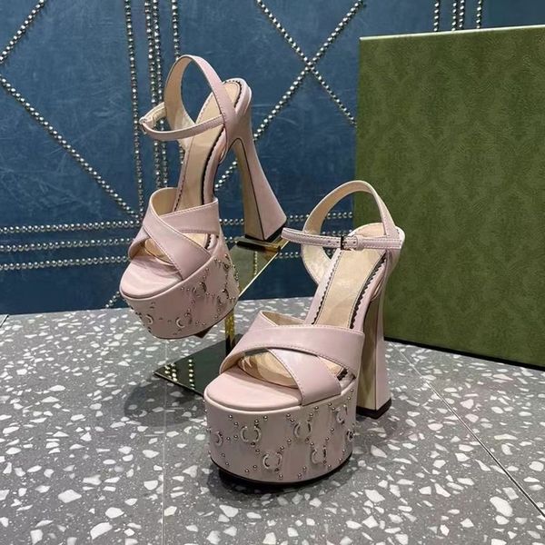 

621s sandals the latest stud sandals with interlocking embellished cross ankle strap horseshoe heels high heels double waterproof platform 1, Black