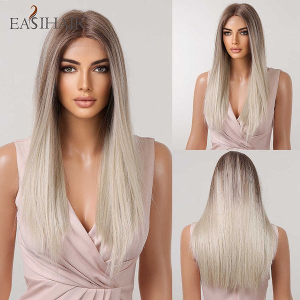 

synthetic wigs easihair platinum blonde lace front synthetic wigs long straight natural frontal for women cosplay heat resistant 230227, Black