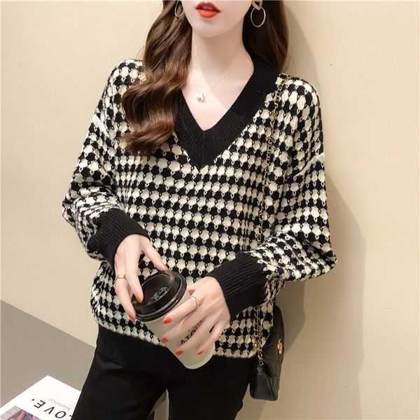 

women's sweaters autumn winter houndstooth plaid casual knitted sweaters women's clothing fashion v-neck korean all-match spliced, White;black
