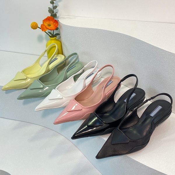 

designer sandals woman p triangle mark pointed toe sandals spring summer black white pink green yellow fashion cat heel sandals