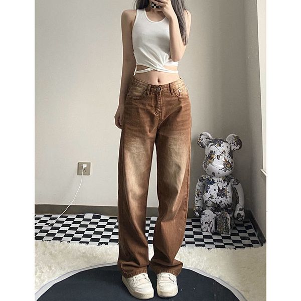 

women's jeans women's large size retro brown straight jeans autumn loose korean style slimming casual wide-leg draggle-tail trouse, Blue