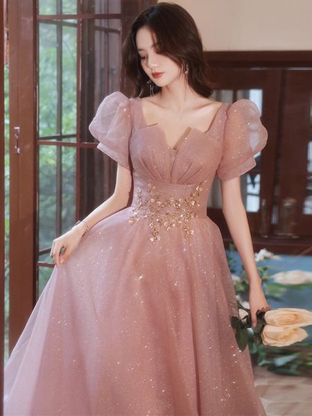 

purple pink evening dress elegant sequined applique v neck pleated puff sleeve a line empire high-end woman party gowns woman, Black;red