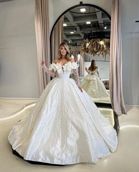 

luxury ball gown wedding dresses v neck long sleeves 3d flowers sequins appliques floor length beaded pearls satin ruffles formal dresses go, White