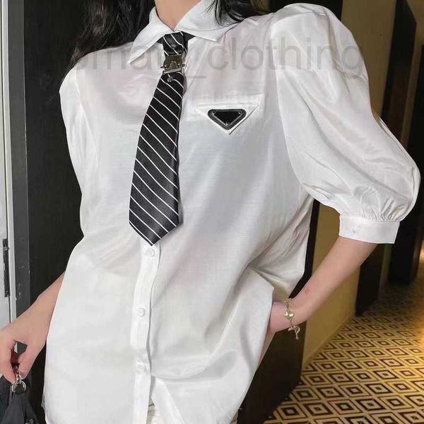 

designer classic stripe tie lapel shirts triangle letter short sleeve blouses spring summer designer women shirt atg3, White