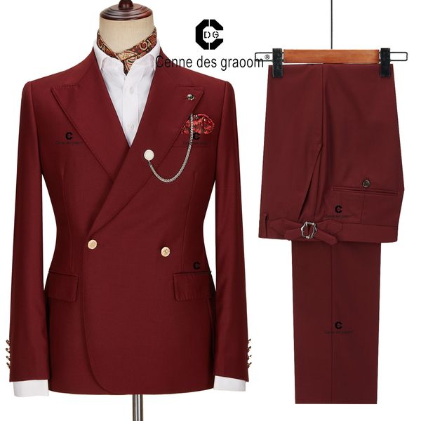 

men's suits blazers cenne des graoom luxury burgundy red men suits double breasted 2 golden button blazer pants wedding prom halloween, White;black