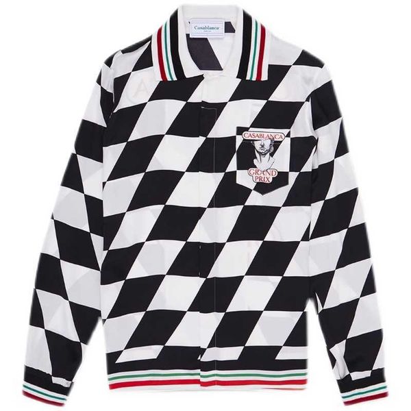 

23ss new casablanca hawaii beach shirt men and women grand prix black and white chessboard sculpture silk long-sleeved shirt, White;black