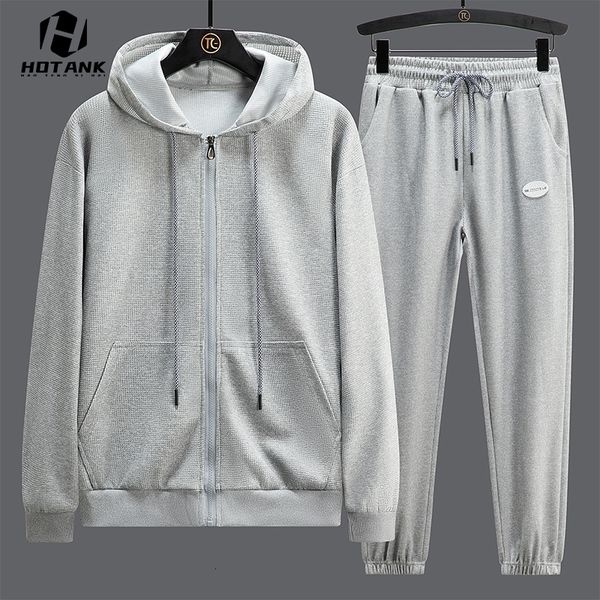 

mens tracksuits fashion two pieces set hooded jacketsports pants sets male spring autumn cotton solid color men running suits 230303, Gray