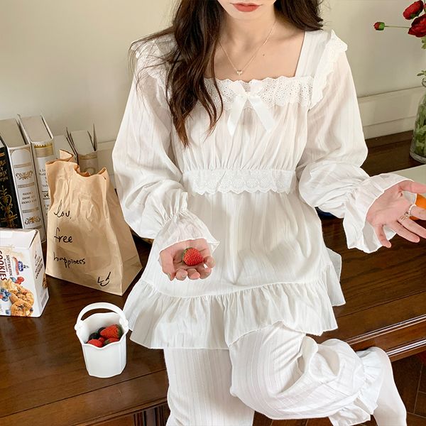 

women's sleepwear white lace cotton lolita princess pajamas set women sleepwear home suit ruffles bow bit dot loose shirt pants pijamas, Black;red
