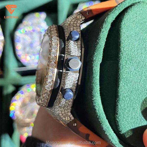 

iced out diamond watch for men hip-hop moissanite jewelry luxury date watch handmade mechanical leather watch0mlu, Slivery;brown