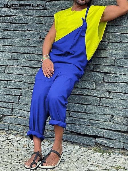 

men's pants incerun jumpsuits streetwear solid color multi pockets loose drawstring overalls 2023 casual suspender rompers 5xl 230303, Black