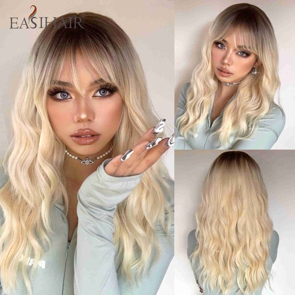 

synthetic wigs easihair platinum brown ombre wavy synthetic wigs for women medium length heat resistant blonde party cosplay wig 230227, Black