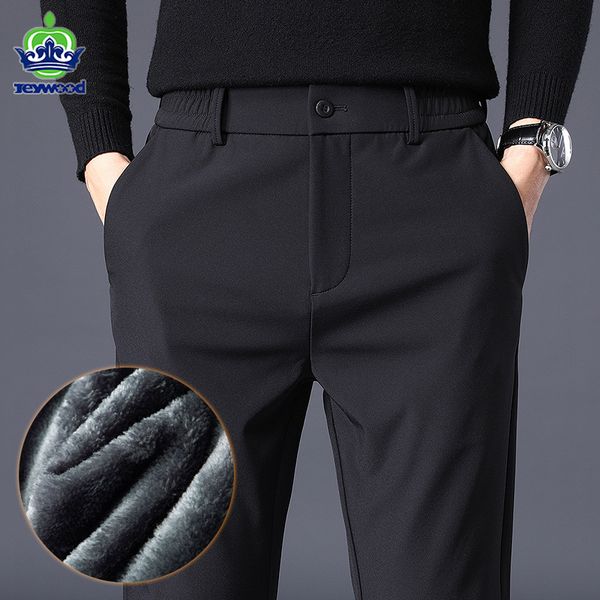 

men's pants winter warm men's fleece pants thick business stretch slim fit elastic waist jogger korean classic black gray blue tro