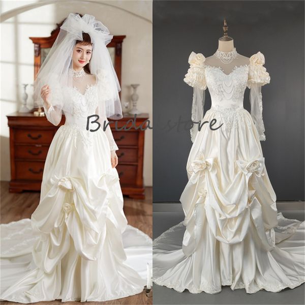 

renaissance cream wedding dress 2023 long sleeve princess castle medieval goth wedding dresses floral high neck victorian gothic western 195, White