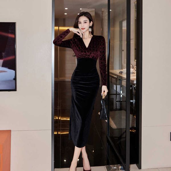 

women's clothing runway dresses high-grade veet dresses for women in autumn and winter 2023 long-sleeved waistband v-neck stitching win, Black;gray