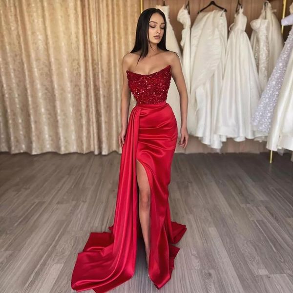

red sequined mermaid prom dresses strapless neckline overskirt evening gowns sweep train side split special occasion formal wear, Black