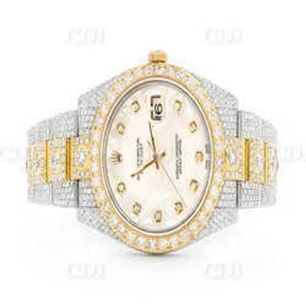 

2023wv8d two tone gold plated ice out natural diamond studded hip hop watch diamond watch for men modern fas, Slivery;brown