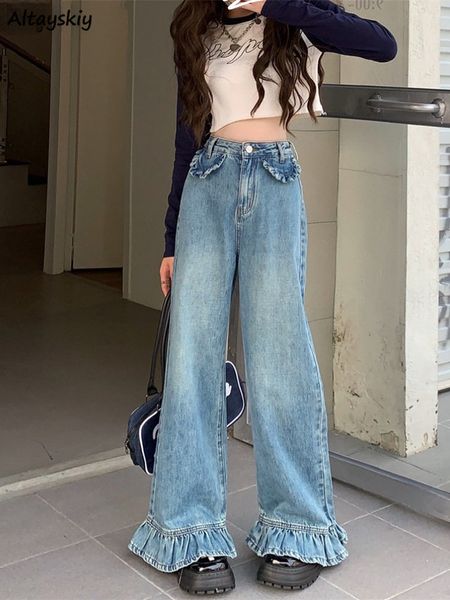 

women's jeans flare jeans women design ruffles retro denim autumn high waist leisure all-match chic elasticity clothing aeshtetic haraj, Blue