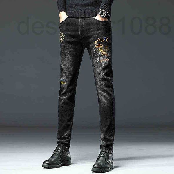 

designer winter autumn fashion jeans men's korean version elastic slim fit little feet bee embroidered pants jf7k, Blue