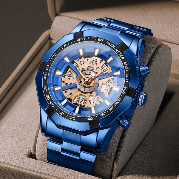 

hollow out non mechanical waterproof watch mechanical watch blue men's watch, Slivery;black