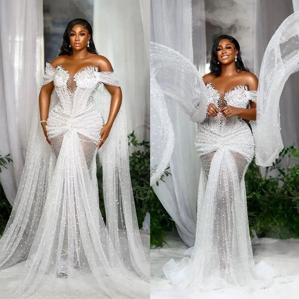 

pearls mermaid wedding dresses africa sweetheart bridal gowns custom made illusion plus size dress vestido de novia, White