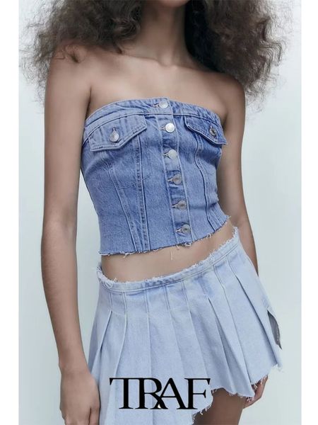 

women's tanks camis traf summer women fashion solid color sleeveless short denim bustier casual blouses 230303, White