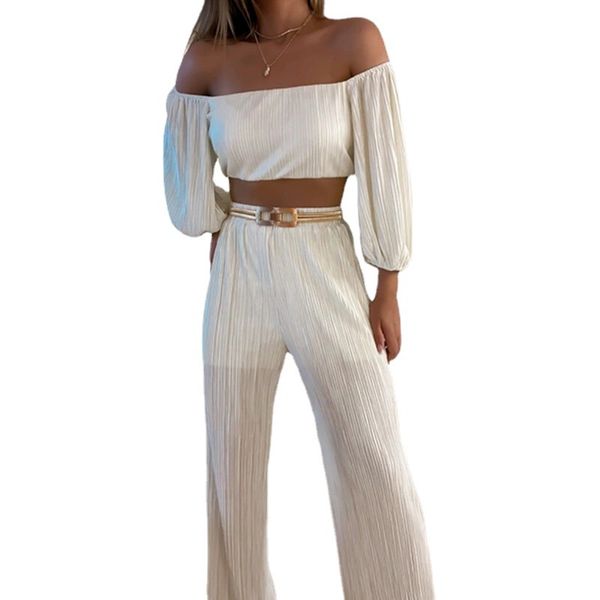 

womens two piece pants crimp off-the-shoulder with long sleeves and pants sne0366 summer designer pure color casual fashion street trousers, White