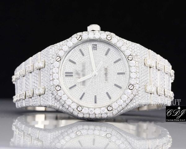 

lab grown round cut diamond watch men hip hop jewelry luxury bust down handmade watch manufacture automatic watch, Slivery;brown