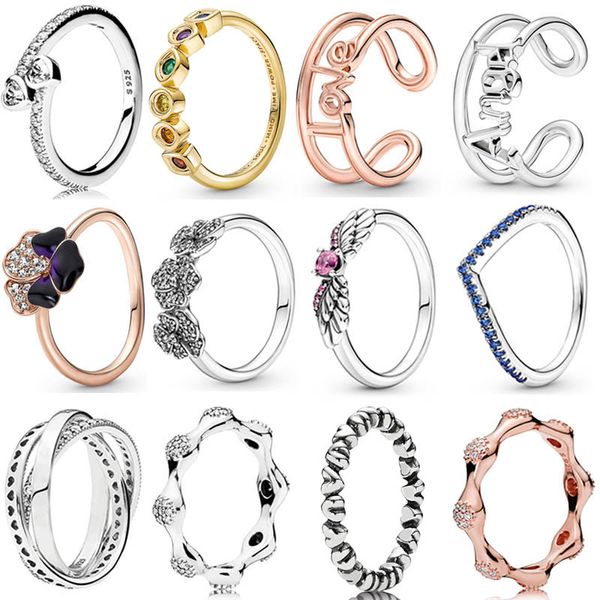 

925 silver women fit pandora ring original heart crown fashion rings rose me love open triple pansy flower angel wings timeless wish bone, Slivery;golden