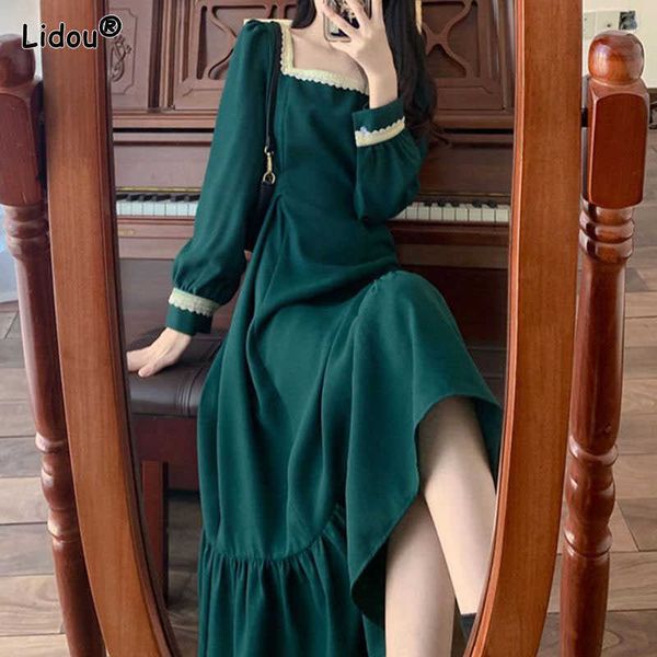 

casual dresses french vintage elastic waist green midcalf dresses sequare collar lace mori girl style women's clothing lantern sleeve p, Black;gray