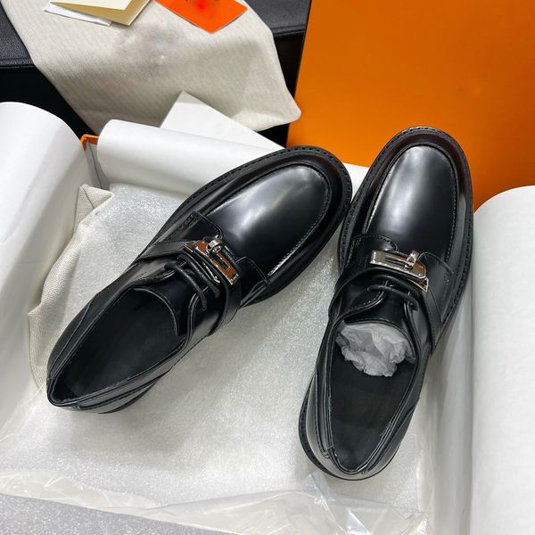 

2023 latest platform dress shoes for womens luxury designer loafers classic buckle cowhide muffin lace up loafer chunky heel thick soled sho, Black