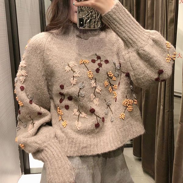 

women's sweaters roenick women fashion beading embroidery sweaters female lantern sleeve knitted cropped vintage chic pullover jumpers, White;black
