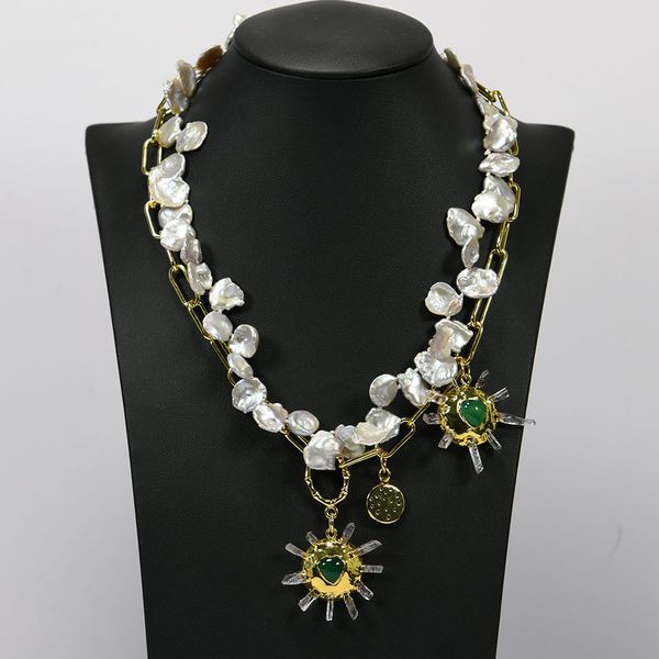 

new natural gray keshi pearl beads chain necklace green agate heart clear quartz gold plated pendant lady fashion gifts, Silver